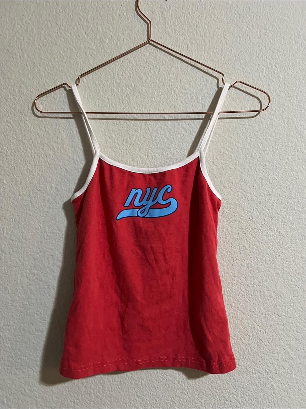 Forever 21 Red Tank Top with Blue NYC Script and White Trim